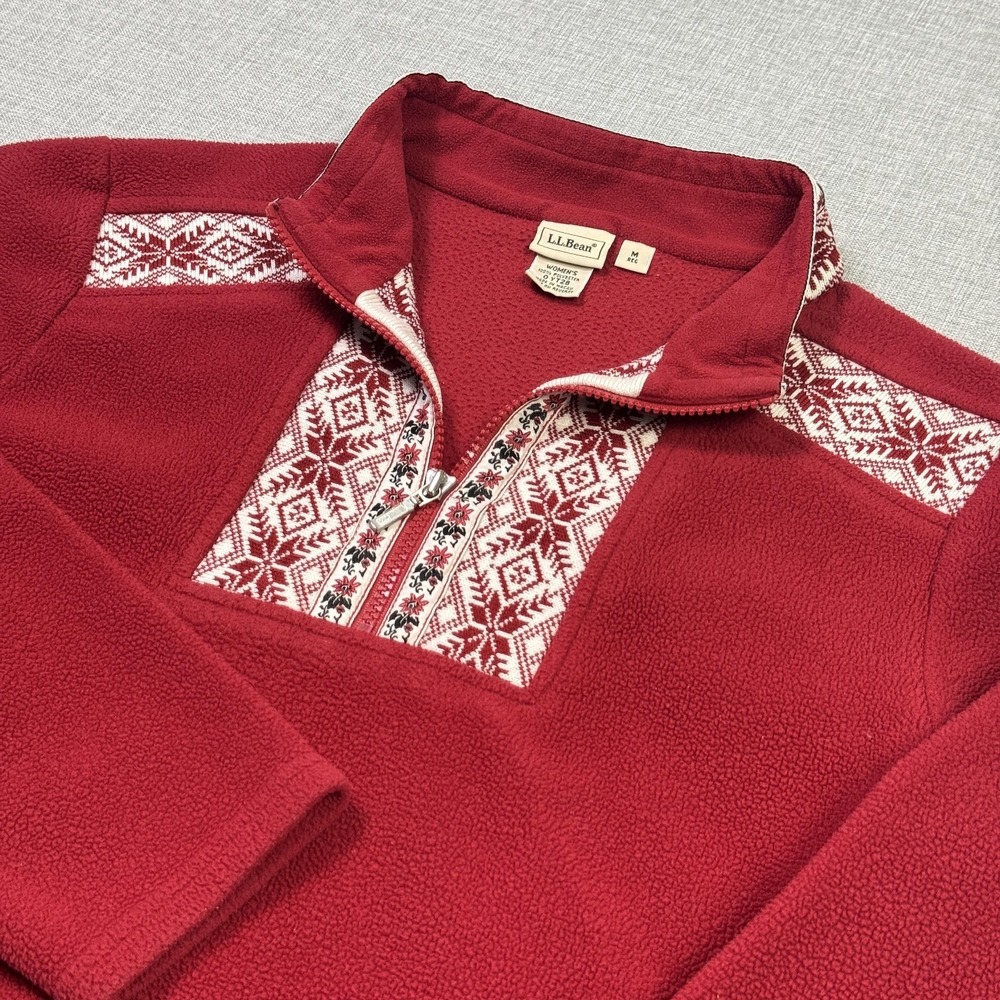 L.L. Bean Fleece 1/4 Zip Pullover Women M Red Mock Neck Fair Isle Nordic Outdoor